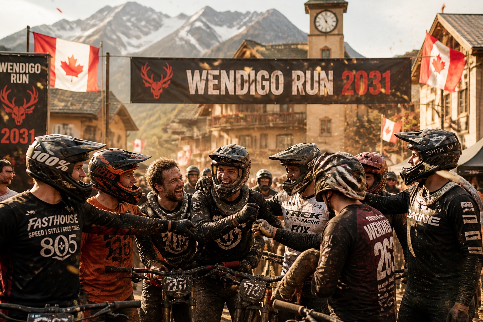 Finish zone concept &mdash; riders celebrating under the Wendigo Run 2031 finish banner